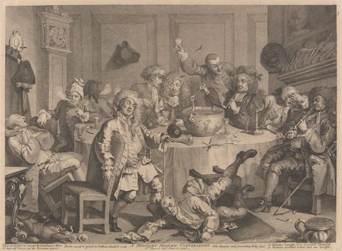 Print. Ten men sit or stagger around a round table set in front of a hearth while an eleventh, closest to us, falls out of his seat. Several smoke tobacco in long clay pipes. Glasses, candlesticks, and a punch bowl are on the table. Wigs are askew or missing, and one tricorn hat hanging on the wall has a wig attached to it.