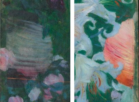 Painting. Two detail views of the same painting show that paper lanterns are cut off before they reach the edges of the canvas.