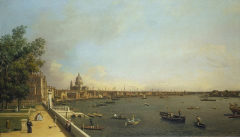 Painting. A sweeping view encompasses the Thames river and London’s prickly skyline on its north shore, which is made so by almost countless spires. The dome and drum of St Paul’s Cathedral rises high around the surrounding buildings. A walkway along the river comes towards us, along the left edge of the painting.