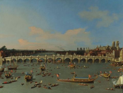 Painting. A grey stone bridge with fifteen arches crosses a river in this sunny landscape. The muted blue river is bustling with rowboats, ceremonial barges, and sailboats. Buildings lining the banks of the river meet in the deep distance at the horizon, which comes just under halfway up the composition.