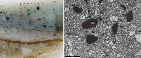 Two photographs. A colour photograph shows microscopic cross sections of paint. The uppermost of multiple cream and off-white layers is speckled with blue and green. A dotted red square has lines that lead to a black, white, and grey detail next to it.