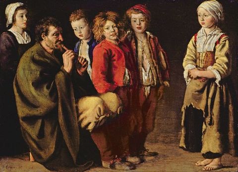 Painting. Five children gather around a seated man playing a pipe. The two girls wear long dresses and white head coverings. The three boys stand together at the middle of the picture, next to the musician. The clothing of the boys and the girl to our right, who is barefoot, is tattered. The people all have pale skin and pink lips, and are shown against a shadowy background.