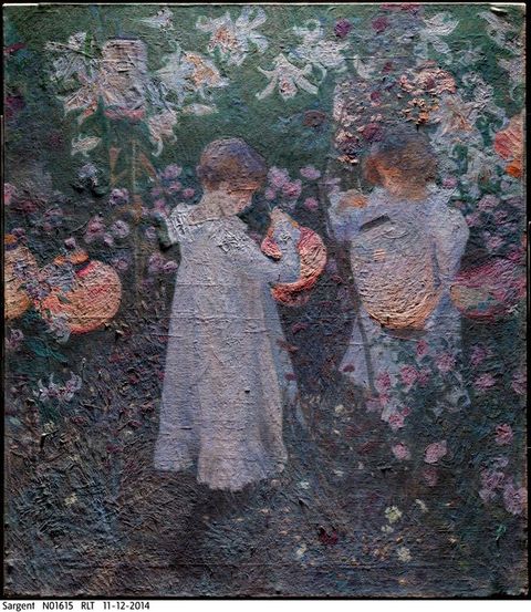 Painting. Raking light over a painting showing two girls lighting paper lanterns in a garden highlights the thick texture of some of the paint.