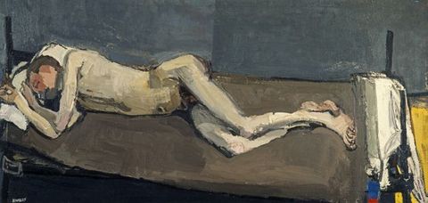 Painting. A thin man lies sleeping on a cot or bed in this long painting. He lies on his side, his elbows bent so his hands are near his peach-coloured face. The rest of his skin is parchment white. The blanket on the bed is army brown and the back wall nickel grey. A few slivers of bright white, blue, red, and yellow are to our right.
