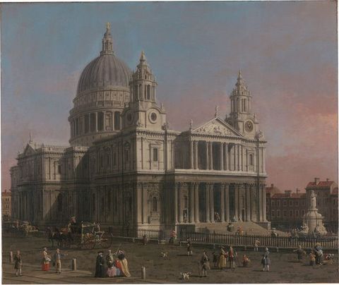 Painting. St Paul’s Cathedral nearly fills this square composition. Two towers rise on either side of a two-storied temple front. The buildings behind the church come less than halfway up its height, and the cathedral is outlined against a blue sky transitioning to dusty pink along the horizon.