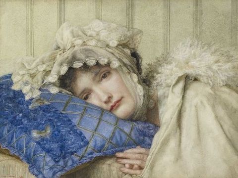 Watercolour. The head and shoulders of a pale-skinned woman lying with her head on a lapis-blue pillow fill this picture. Her brown eyes, gazing off to our left, seem unfocused. She has delicate features, and her pink lips are closed. Wisps of brown hair peek from under a frilly white bonnet tied under her neck. Her shoulders are covered with a white fur-lined cloak, and her hands are together near the pillow.