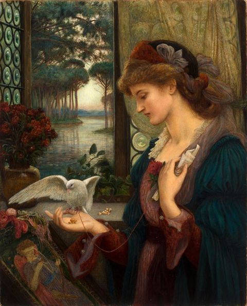 Painting. Shown from the waist up, a pale-skinned woman offers seeds in the palm of her hand to a white bird. She cradles a scroll of paper to her chest with her other hand. In front of her, colourful floss hangs over the top rail of a frame holding her embroidery. A window opens onto a tree-lined river behind her.