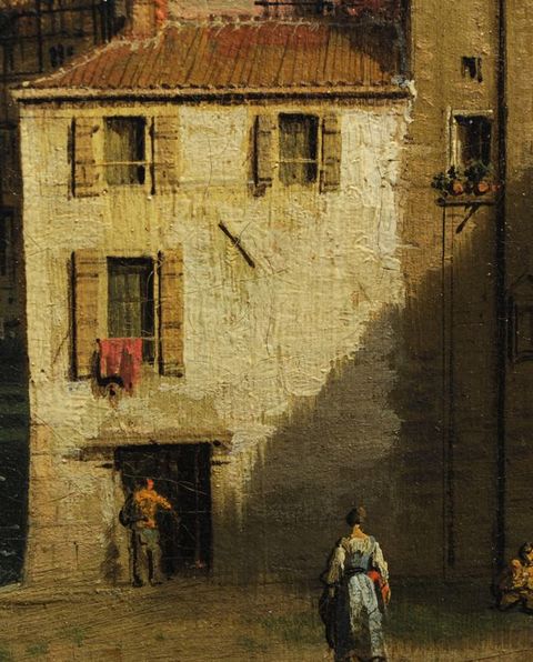 Painting. This detail shows a shabby, whitewashed town house. A man stands in the doorway and a woman approaches. A shadow cuts across the house’s façade from our right, cast by something out of our view.