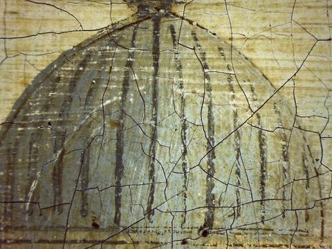 Painting. Incision marks can be seen outlining a dome that is slate blue and detailed with spaced vertical lines of back paint.