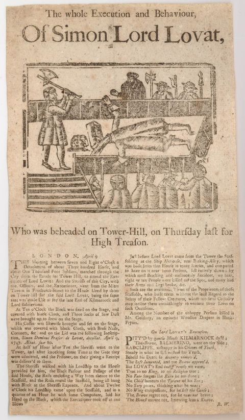 Broadside. This newspaper-like sheet has a woodcut illustration below the title showing a beheaded man lying on a platform, blood pouring from his severed neck. To our left, an executioner stands with his axe raised. Two columns of text continue below.