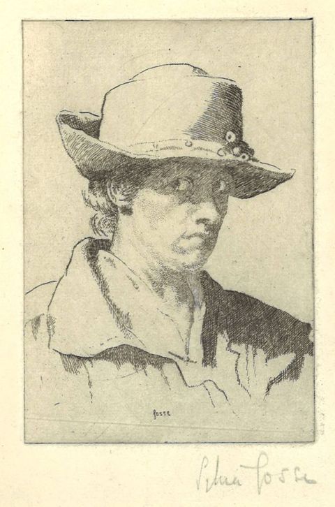 Print. Shown from the shoulders up, a woman looks out the corners of her eyes off to our left as her head pivots to our right. Her eyes are shaded by a tall, narrow-brimmed hat. Her hair is short and curls over the wide collar of her painter’s jacket. Her eyes are open wide, her lips set and turned down at the corner we can see.