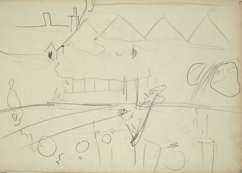 Drawing. Lines block in the location of rooflines, trees, lanterns, and other vague details in this horizontal sketch.