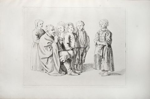 Print. Five children gather around a seated man playing a pipe. The two girls wear long-sleeved dresses with long skirts and head coverings. Three boys wear jackets over shin-length pants. Some of their clothing is tattered, and one girl to our right has bare feet. The figures are shaded in pale grey tones against a blank background.