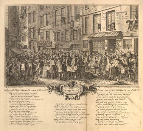 Print. Hundreds of men and women wearing suits and long dresses, respectively, gather in a city street enclosed by tall buildings. Many hold pages of paper with large legible writing. Onlookers peer out windows and off balconies. Three columns of text are below.