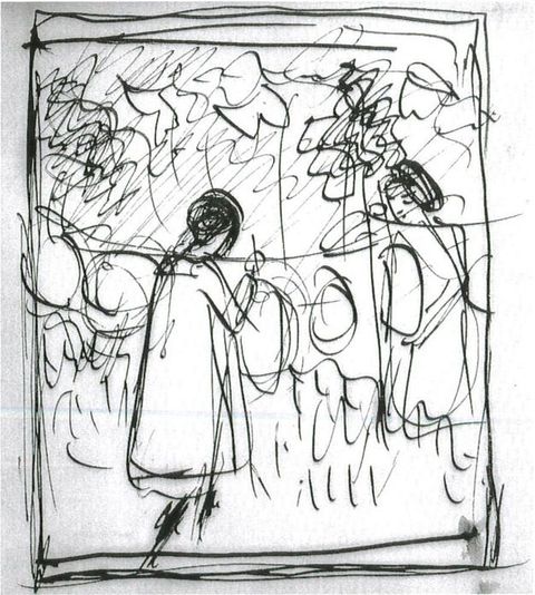 Drawing. A vertical rectangle frames two loosely sketched girls holding round objects. Squiggles in the background suggests a garden.