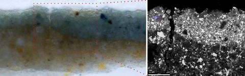 Two photographs. A colour photograph shows microscopic cross sections of paint. A layer of yellow is under a layer of slate blue, which has darker flecks of blue. A dotted red square has lines that lead to a black, white, and grey detail next to it.
