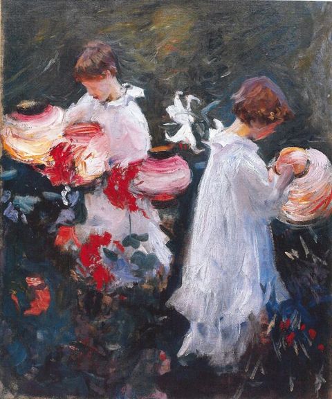 Painting. Two children with brown hair, wearing white ruffled dresses, stand lighting paper lanterns in a garden. They face away from each other, their faces warmed by the light of the lanterns. The scene is loosely painted with visible brushstrokes and touches of vivid colour.