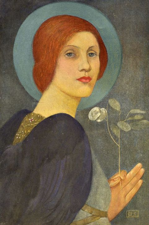 Painting. Shown from the chest up, a winged person looks over one shoulder at us. The facial features are delicate with blue eyes under thin brows, a button nose, and full red lips. A sky-blue halo surrounds copper-red hair, which is pulled back to the nape of the neck. One hand holds up a stem of a stylized white flower. Marine-blue wings cover both shoulders.