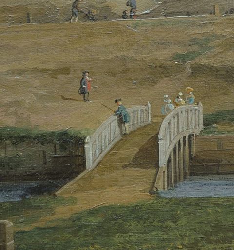Painting. Detail view of an arched footbridge. A man fishes off one side and three more people stand or walk on the other side.