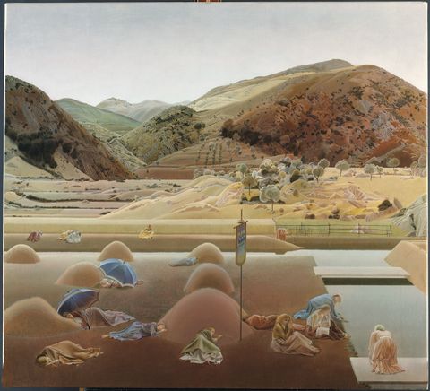 Painting. Sixteen women sit, kneel, or lie among mounds on a field in front of us. All wear long dresses and some are under blankets. Two are under beach umbrellas, and a banner with three figures hangs near the front centre of the painting. A far reaching mountain landscape coloured in faded reds and greens rolls into the distance.